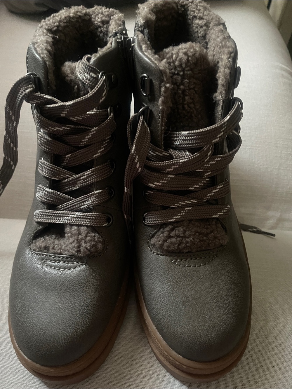 Women's Taupe Faux-Shearling Lace-Up Ankle Booties